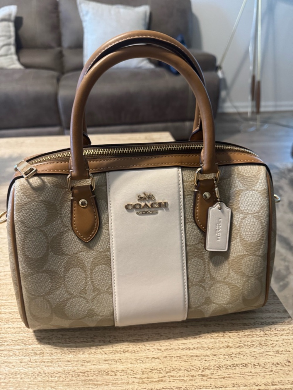 Coach  Rowan Beige Signature Satchel with White Center Stripe and Tan Trim